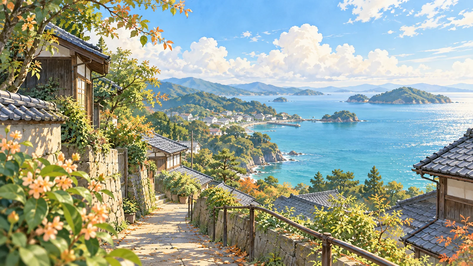 原创日系插画:海边小路、屋檐与晴空